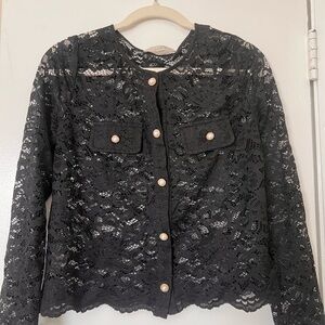 LOFT Black Lace Blouse with Pearl Buttons